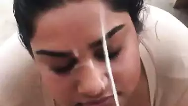Big boob babe takes thick Indian cum in mouth